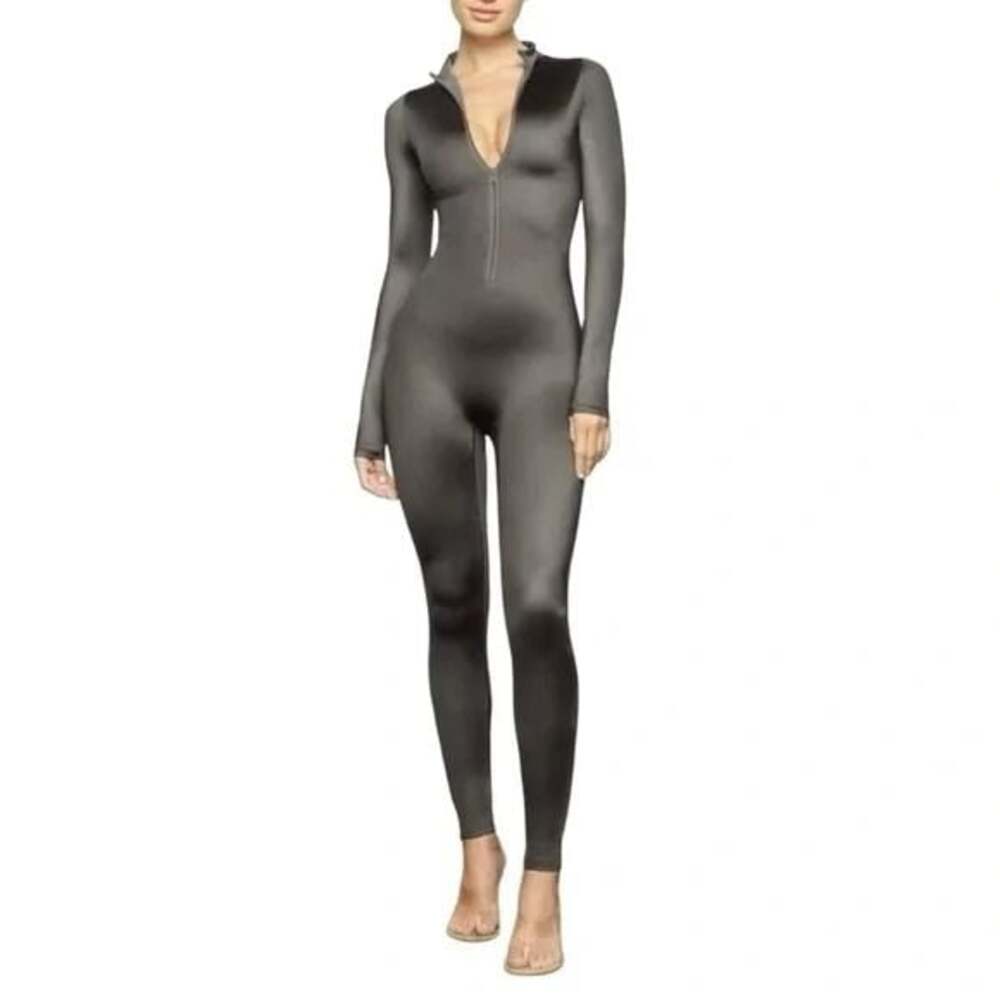 SKIMS All-In-One Shine Mock Neck Long Sleeve Onesie in Gunmetal